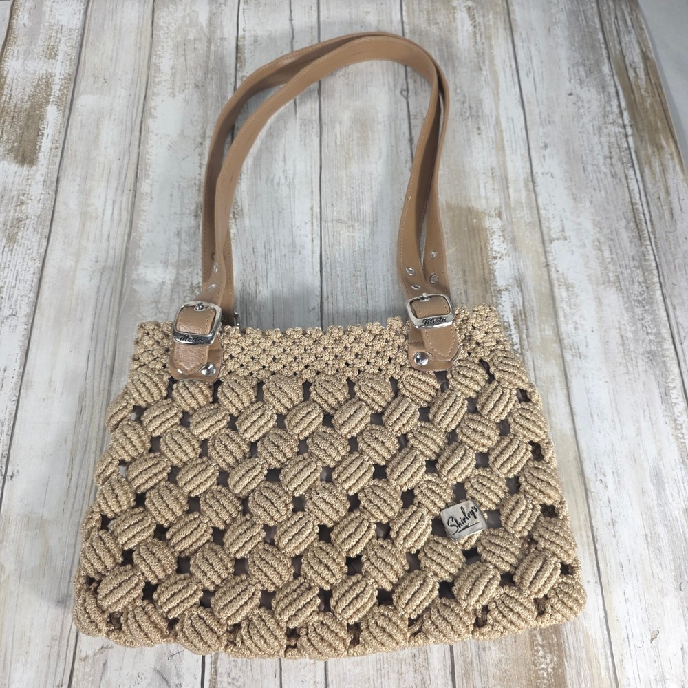Shirley's Moda Beige Woven Macrame Shoulder Bag Tan Straps Silver Buckles - Picture 2 of 7